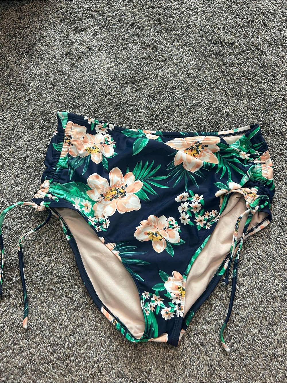 Kona Sol Navy Floral High-Waist Swim Bottoms with Peach and Green